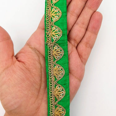 Green Art Silk Trim with Gold Embroidery and Sequins Indian Sari Border Trim By 3 Yards Decorative Trim Craft Lace